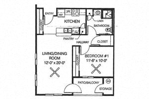 Floor plan for 1 bed, 1 bath, 661 sqft